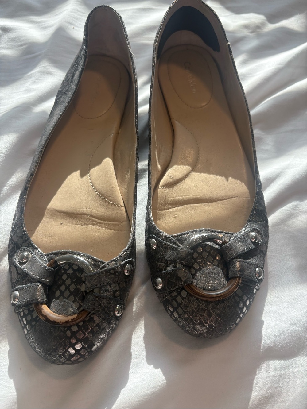 Calvin Klein Metallic Silver Snake-Texture Ballet Flats with Ring Accent